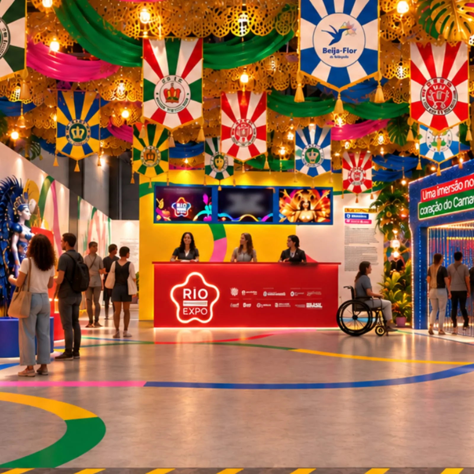 Recepción de la Rio Carnaval Expo, con la boletería, banderas de las escuelas de samba y visitantes llegando.
